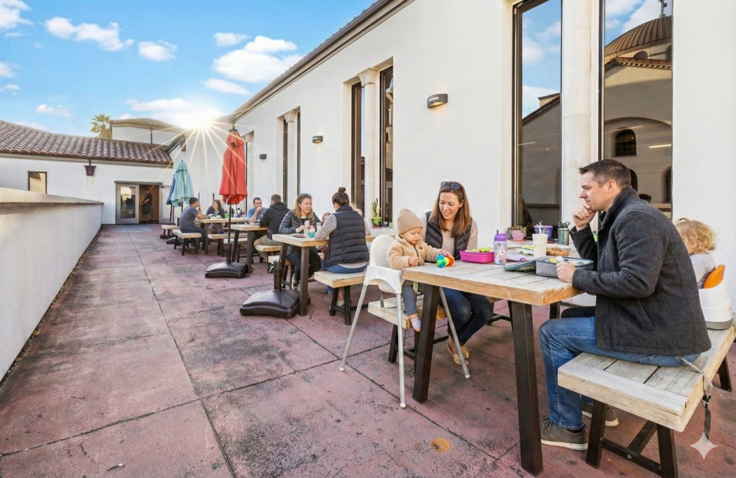 Families sharing a meal together at outdoor tables in the courtyard